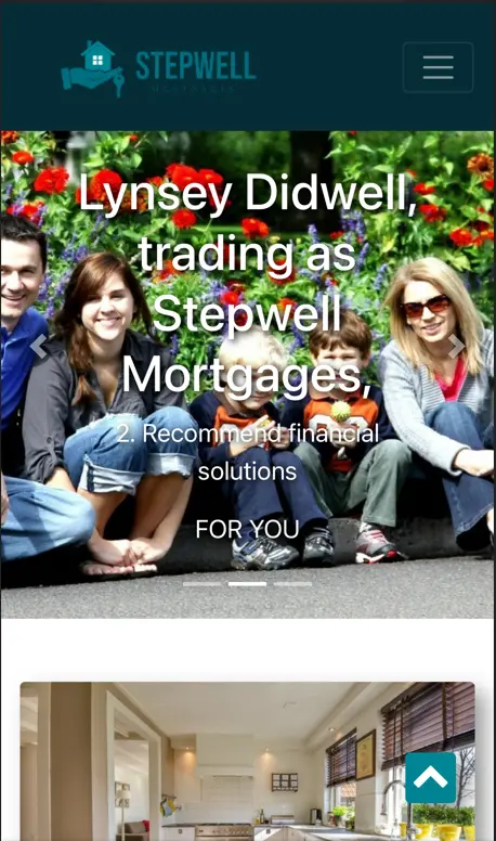 Original Stepwell Mortgages mobile homepage with oversized text obscuring the main photograph