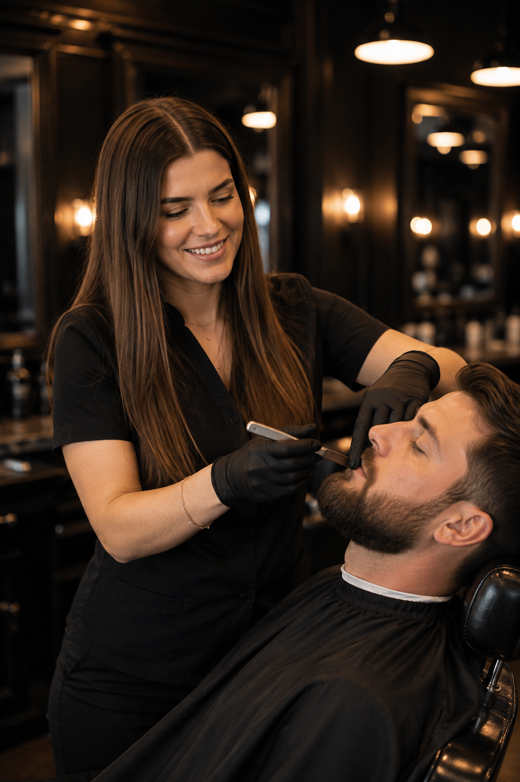 Isabella Didwell shaping a client's beard