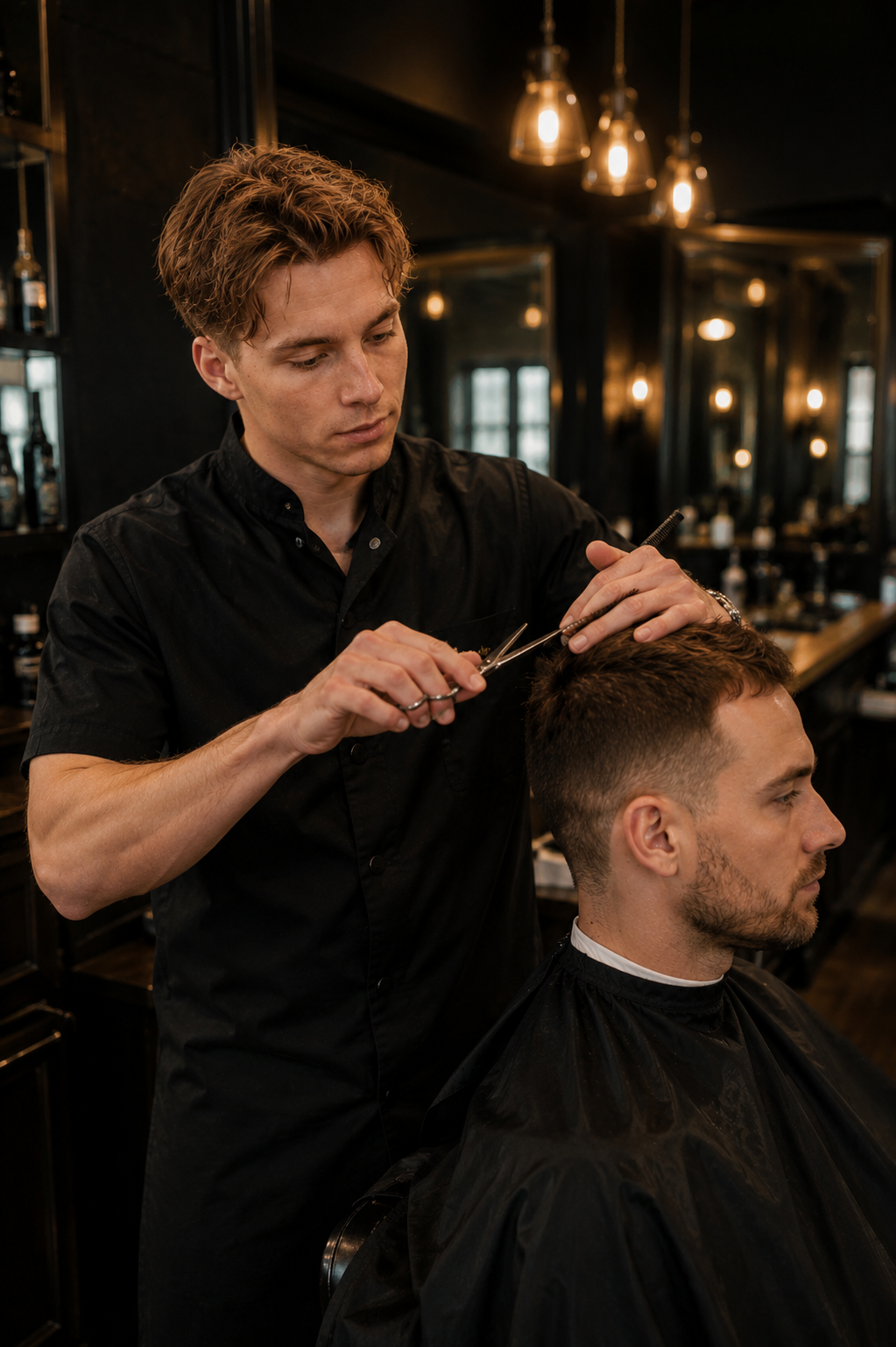 Harry Didwell cutting a client's hair